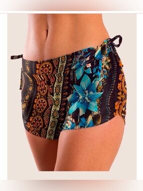 Boho Floral Side-Tie Swim/yoga Shorts - Blue & Black